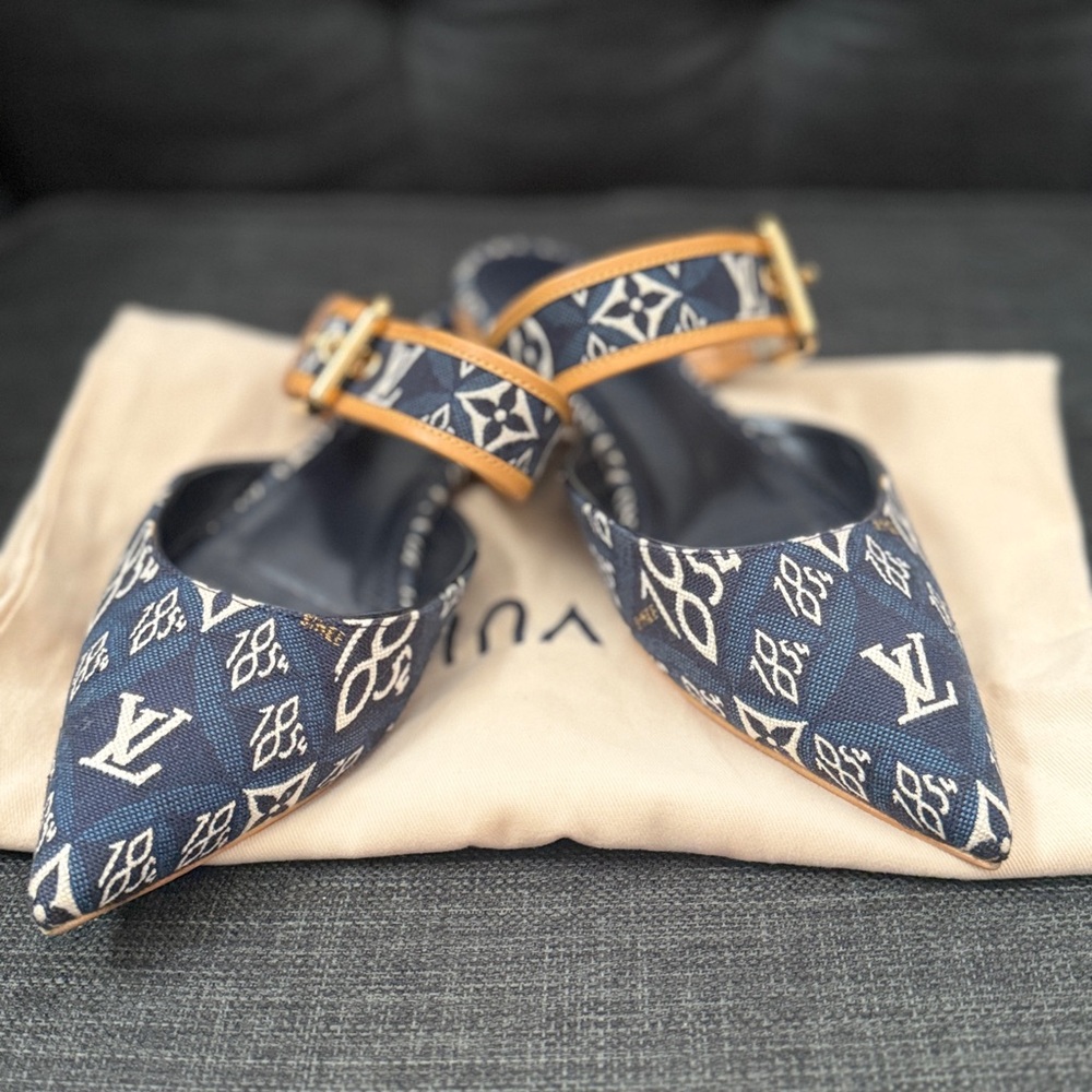 Louis Vuitton Navy Monogram Flats with Tan Straps